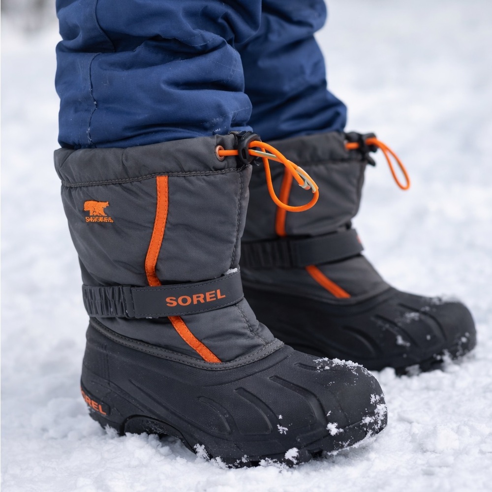 Sorel Kids Youth Size 3 Winter Snow Boots Gray Orange Waterproof Insulated